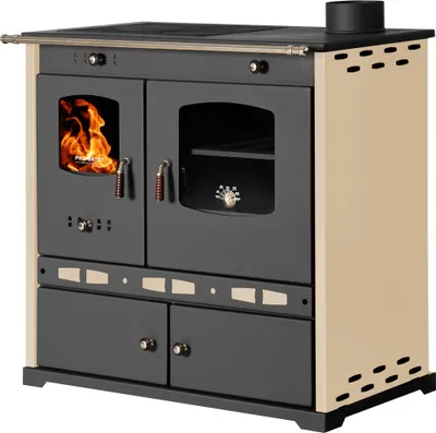 A freestanding wood-burning stove with a cream-colored side panel and dark gray front.
