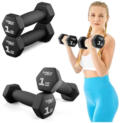 A collage of images showing dumbbells and a woman exercising with dumbbells.