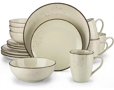 Productafbeelding van Serviesset van steengoed, 16-delig, combinatie set, vintage, natuurlijke stijl, beige