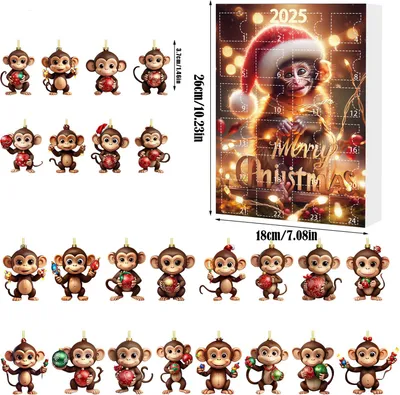 Produktbild von Affen-Adventskalender 2025, 2D-Acryl-Affen-Anhänger für den Weihnachtsbaum, 24-Tage-Weihnachtskalender für Kinder und Erwachsene
