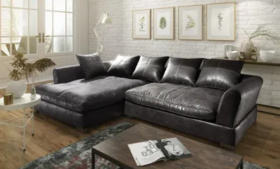 Produktbild von Couchgarnitur TIZIAN L-Form in Wildlederoptik-Schwarz /Ottomane Links