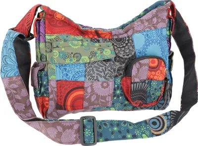Produktbild von Ethno Schultertasche, Große Patchwork Nepaltasche - Bunt, Uni - Erwachsene, Mehrfarbig, Baumwolle, 23*30*9 cm, Alternative Umhängetasche, Handtasche aus Stoff