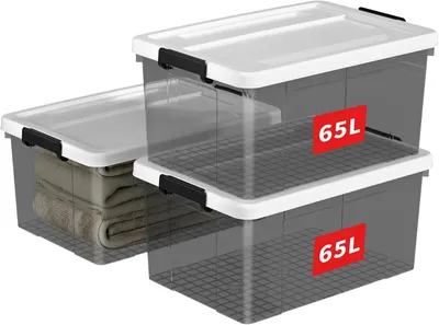 Produktbild von Aufbewahrungsboxen 3er-Set, 65 Liter, stapelbar und nestbar, mit sicheren Verschlüssen, für Haushalt und