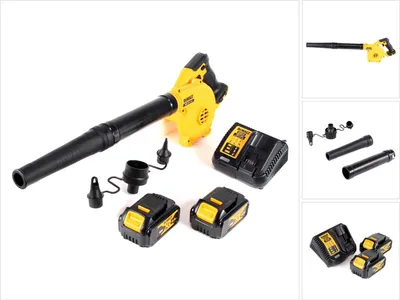 A DeWalt cordless leaf blower and its accessories are displayed on a white background.