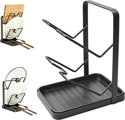 Produktbild von Topfdeckelhalter aus Kohlenstoffstahl mit Abtropfschale, stabiler und platzsparender Organizer für die Küchenarbeitsplatte