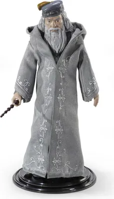 A full-body shot of a Dumbledore figurine holding a wand, standing on a black base against a white background.