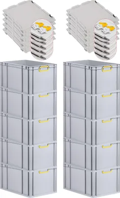 Produktbild von SuperSparSet 10x Eurobox NextGen Color mit Scharnierdeckel und Schiebeschnappverschlüssen | HxBxT 32x40x60cm | 65 Liter | Grau | Griffe gelb geschlossen | Verstärkter Boden | Eurobehälter, Transportbox, Transportbehälter, Stapelbehälter
