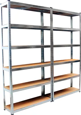 Two connected shelving units with wooden shelves and metal frames against a white background.