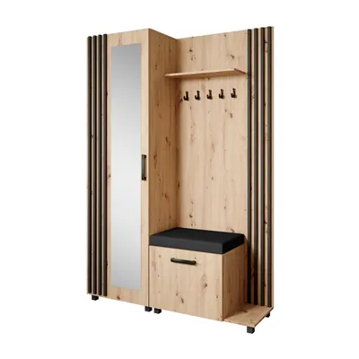 Produktbild von Garderoben-Set LIVIA Rechts Eiche Artisan – Garderobenschrank mit Spiegel, Schuhschrank mit schwarzen Sitzkissen, Lamellen in Schwarz, Hochschrank