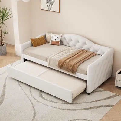 Produktbild von Flieks Schlafsofa Polsterbett 90x200cm mit Unterbett, Jugendbett Einzelbett Tagesbett mit Lattenrost, Klassisches Bett Sofa, Leinen, Beige