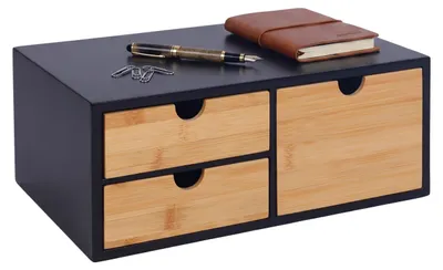 Image de Boîte de rangement Relaxdays, en bambou et MDF, avec 3 tiroirs, dimensions (H x L x P) : 13,5 x 33 x 21 cm, organisateur de bureau, noir/naturel, Image générée par une IA