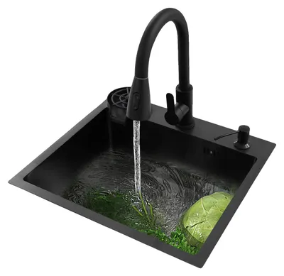 Obrázek produktu pro Dřez do kuchyně, 50 cm x 45 cm, s výsuvnou baterií, nerezová ocel, dávkovač mýdla o objemu 300 ml, odpadní sítko o průměru 110 mm