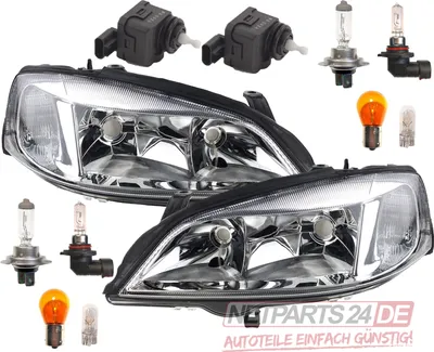 Produktbild von Johns, Scheinwerfer passend für Opel Astra G mit Stellmotor + Leuchtmittel Links Rechts 1216110 1216539 1216157 09117303 09199903 93175368 6207044 528