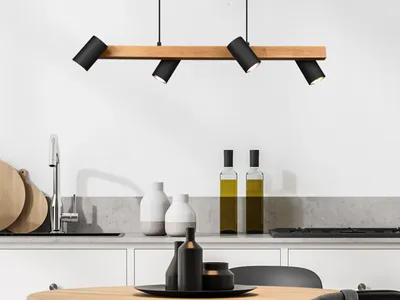 Produktbild von Trio Pendelleuchte MARLEY 4 flammig Schwarz mit Holzbalken