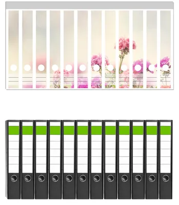 Produktbild von Wallario 12 Stück schmale Ordner inkl. Klebeetiketten mit Motive Zarte Blüten in Rosa - Set mit Rückenschildern / Ordnerrücken Stickern