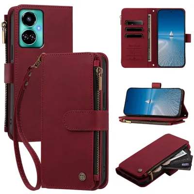 Produktbild von Handyhülle für Tecno Camon 19 /Camon 19 Pro 5G, Leder Klapphülle mit Kartenfächern, Reißverschlussfach und Handschlaufe Rot
