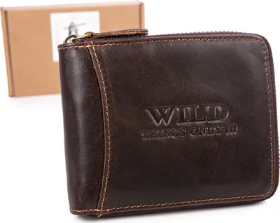 Zdjęcie produktu dla WILD Portfel męski skórzany poziomy duży zapinany dookoła na zamek błyskawiczny ciemnobrązowy