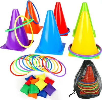 Imagen del producto de Juego infantil 3 en 1: lanzamiento de objetos, lanzamiento de aros y juego de bolos, con 31 piezas, para uso en exteriores