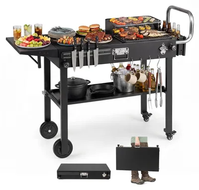 Zdjęcie produktu dla Wózek do grilla COSTWAY, składany stół do grilla, metalowy wózek serwowy na kółkach, powierzchnia robocza 79 x 43 cm oraz haczyki, dodatkowy stolik do grilla, odporny na warunki atmosferyczne