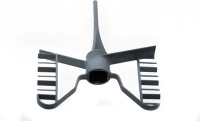 A close-up studio shot of a gray mixing attachment for a kitchen appliance, set against a white background.