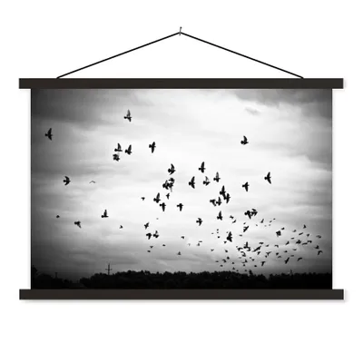 Produktbild von MuchoWow® Textilposter Tiere - Vögel - Wolken - Schwarz - Weiß 60x40 cm mit schwarzem Rahmen - Hölzernes