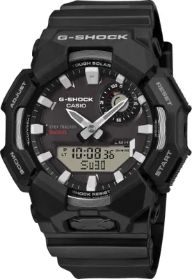 A close-up, front-facing view of a black G-Shock watch.