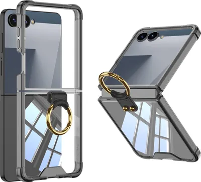 Immagine prodotto di Custodia per Samsung Galaxy Z Flip 7, Custodia trasparente antiurto con protezione dello schermo e anello nero