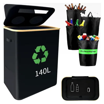 Produktbild von 140L Sammelbehälter für Pfandflaschen mit 2 Fächern, inklusive 4 XXL Tragetaschen, Aufbewahrung für Leergut und Altglas mit Öffnung, Flaschensammler für Küche und Abstellraum