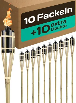 Produktbild von 10 Gartenfackeln für Draußen aus Bambus Braun - Lange Brenndauer - Nachfüllbar - Ink. 10 extra Dochten - 90cm