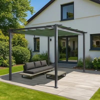 Immagine prodotto di Pergola in alluminio HWC-N93, gazebo da giardino, struttura stabile 8cm tetto scorrevole UV50+ 3x4m ~ verde