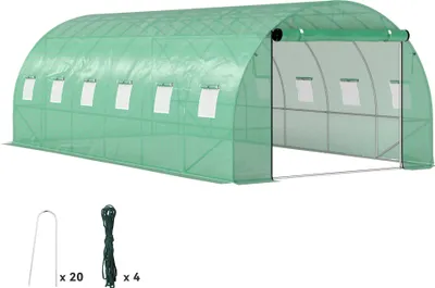 Zdjęcie produktu dla Szklarnia Outsunny 300x600x200 cm, tunel foliowy na pomidory z drzwiami, 12 okien, ocynkowany stalowy tunel foliowy, 170 g/m² PE, stabilny tunel dla roślin, szklarnia z kotwami gruntowymi i linami, zielona