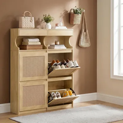 Produktbild von Schuhschrank Rattan, Schuhkipper Schmal, 20 Paar, Gelb | Verstellbar, Schuhkommode für Eingang, Flur, Garderobe, 4 Klappen(100B cm)