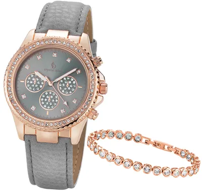 Produktbild von Crystal Blue Damen Armbanduhr rose gold Strass Armband grau Leuchtzeiger +Tennisarmband rose 2324