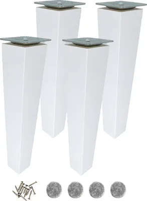Four white furniture legs with metal mounting plates on top, and a set of screws and felt pads at the bottom, all on a white background.