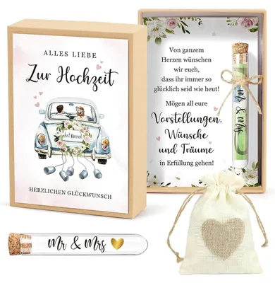 Produktbild von Spardose für Brautpaare - Mit Hochzeitskartenbox, Kunststoff-Reagenzglas und Jutesäckchen - Zur Aufbewahrung von Geldgeschenken - Naturfarben