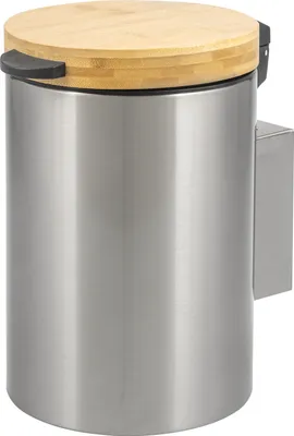 Produktbild von bremermann runder Wand-Kosmetikeimer mit Bambusdeckel 3 Liter inkl. Wandhalterung zum Kleben oder Bohren, Edelstahl