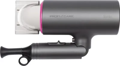 A gray and pink hair dryer with a transparent attachment is shown against a white background.