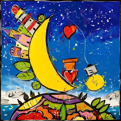Obrázok produktu pre Moderný farebný obraz na plátne - Wallas, Veľký mesiac, veľká láska - 70X70 cm