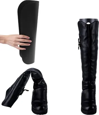A collage showing a hand holding a black boot shaper, a collapsed black boot, and a standing black boot.