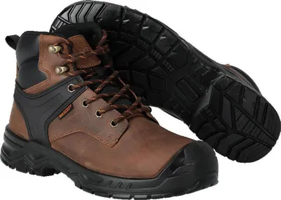 A pair of brown and black work boots shown from a slightly elevated angle against a white background.