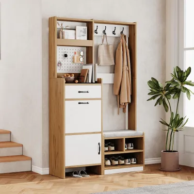 Produktbild von Flurschrank mit Sitzbank, Schuhschrank, Garderobe, Haken, Schublade, Lochplatte, Eiche-Weiß, 108,5x35x180 cm