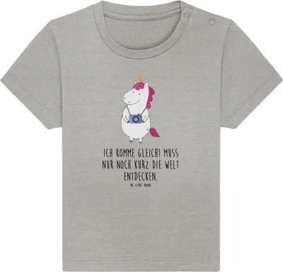 Produktbild von Mr. & Mrs. Panda Organic Baby Shirt Einhorn Fotograf 12. - 18. Monat - Heather Grey - Geschenk, Tourist, Unicorn, Öko T-Shirt, Kleinkind, Kurzarmshirt, Urlaub, Einhörner