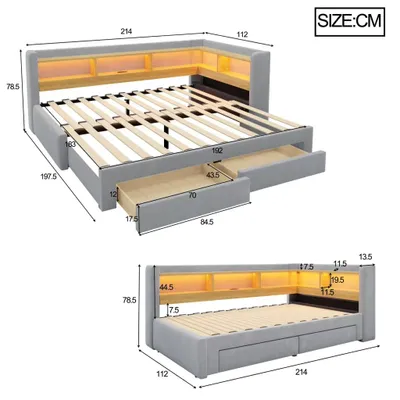 Image de Lit de jour en forme de L - Canapé convertible - 90 x 200 cm - Convertible en 180 x 200 cm - 3 en 1 - Tiroirs de rangement - Revêtement en velours - Gris clair
