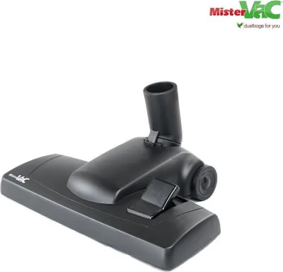 A black vacuum cleaner nozzle on a white background with a logo in the top right corner.