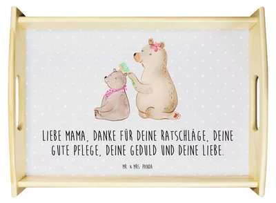 Produktbild von Mr. & Mrs. Panda Servier Tablett Bär Kind - Grau Pastell - Geschenk, Familie, Muttertag, aus holz, Serviertablett, Holztablett, Mutter, Tochter