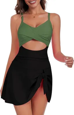 Produktbild von Damen Badeanzug - Einteiliges Schwimmkleid mit Bauchkontrolle, Push-Up-Effekt, Cutout-Design, V-Ausschnitt und Schleifenrock, K