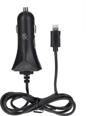 A black car charger with a lightning cable attached, isolated on a white background.