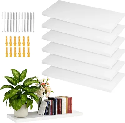 Obrázek produktu pro Nástěnné police, 6 kusů, rozměry 40 x 15 x 1,5 cm, bílé, vyrobené z dřeva, vhodné do obývacího pokoje