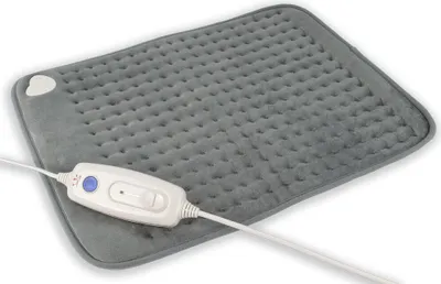 A gray electric heating pad with a white controller and cord is shown on a white background.