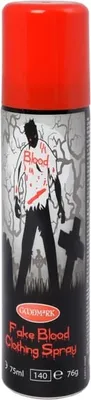 A can of fake blood spray with a zombie-themed illustration on a dark, graveyard-like background.